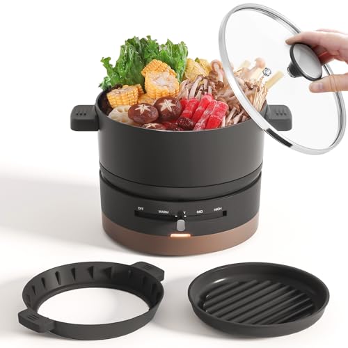 電気鍋 一人暮らし 煮る/焼け 2WAY クッキングケトル 1L 600W 一人鍋 電気 4段階 温度調節 着脱式 丸洗い可 ポットと波形プレートセット ガラス蓋付き ブラック