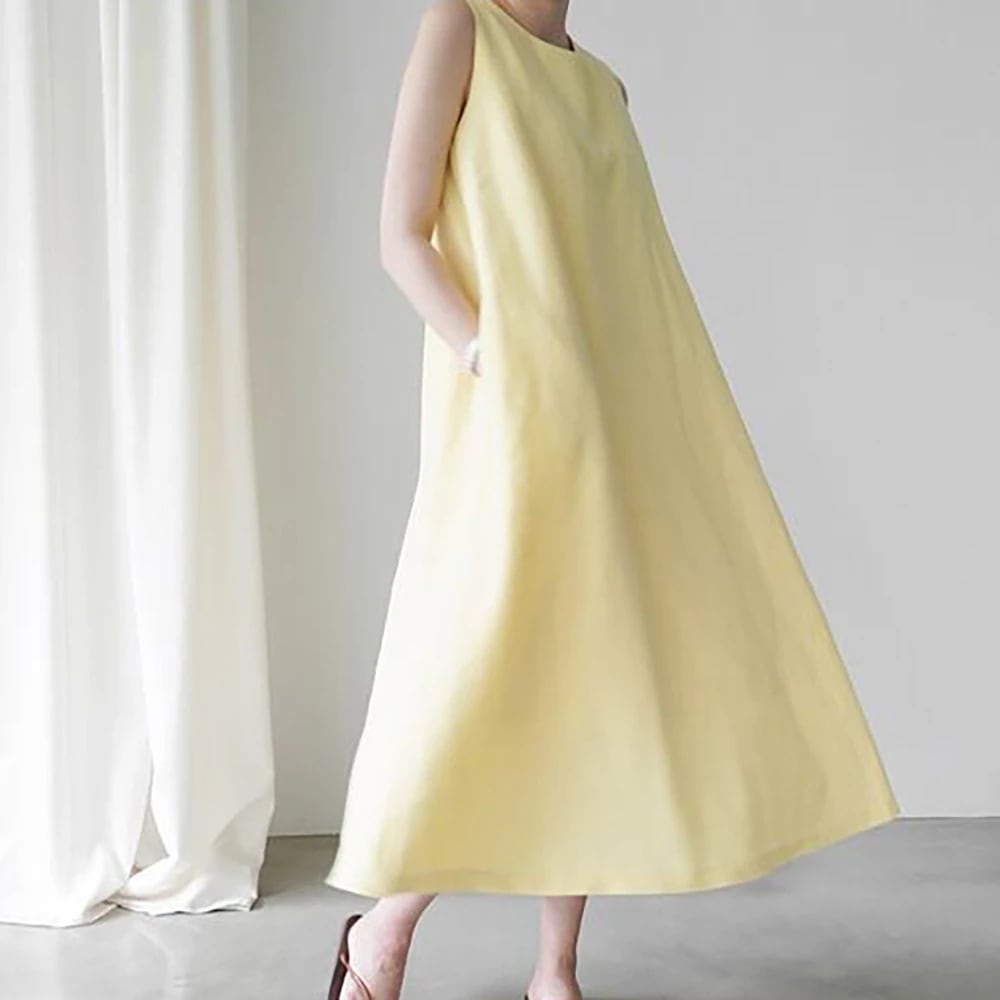 ノースリーブワンピース ワンピース フレアワンピース ワンピドレス ロング ロング丈 袖なし ノースリーブ ラウンドネック フレア Aライン 綿 麻 リネン かわいい 大人可愛い きれいめ シンプル