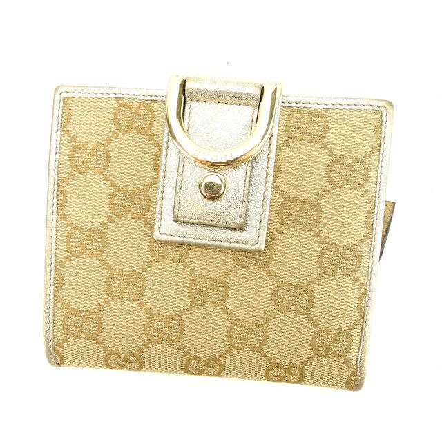 二つ折り財布 ラウンドファスナー ＧＧキャンバス アビー ベージュ ゴールド 中古