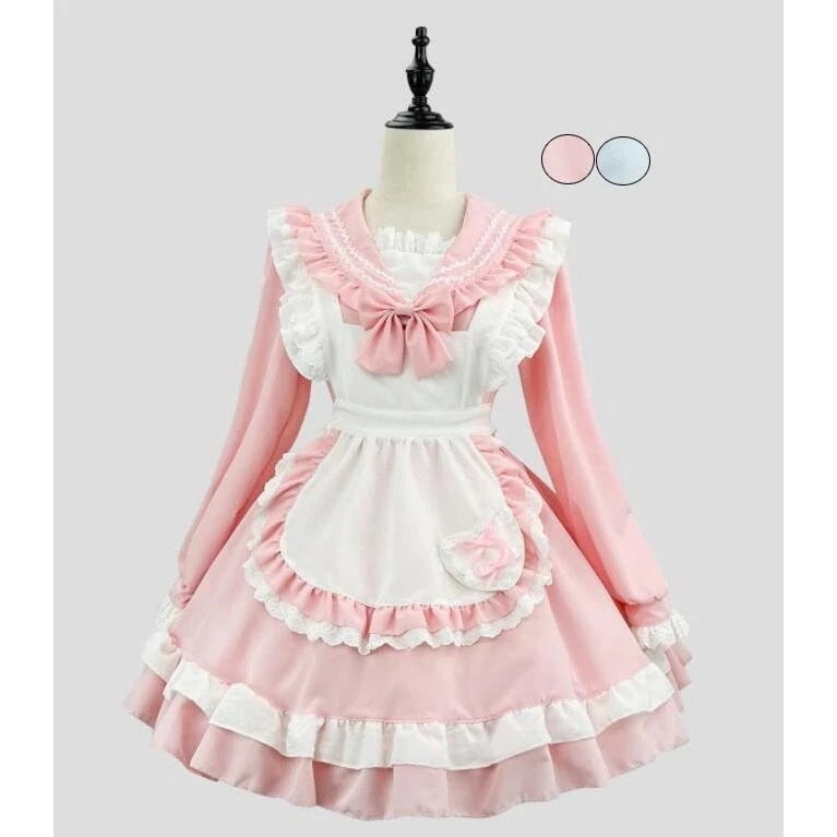 メイド服 セーラー服 大人 セーラー風メイドコス 新作 長袖 ショート丈 キュート メイドドレス 裾フリル エプロンドレス ピンク 水色 女子 マリン風 甘ロリー メおすすめ商品メガ割
