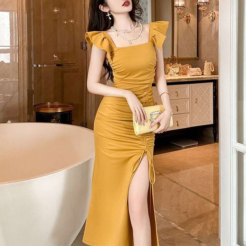 レディース ワンピース セクシー サイドスリット スクエアネック ドレス フリル イエロー ブラック 大人可愛い ママコーデ ママファッション 韓国系 オルチャン 人気 新作 20代 30代