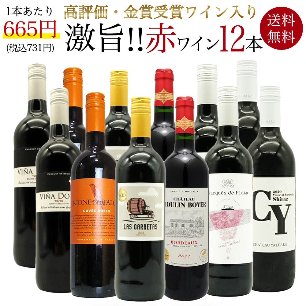【送料無料】玉手箱厳選！高評価ワインや金賞ワインも入った激旨赤12本セット ワインセット (6種類×各2本)