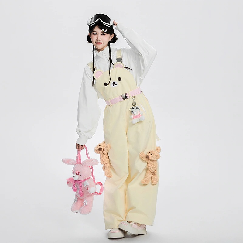 かわいいクマちゃん スノパンツ 2026 クリームイエロー サロペット スノーボードウェア レディース スキーウェア スノボウェア スキー