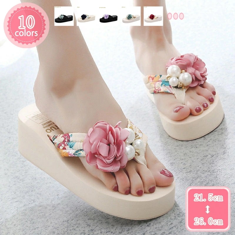 1000円OFFクーポン ビーチサンダル レディース ぺたんこ 歩きやすい 6cm ビジュー 軽量 滑り止め 美脚 ウェッジヒール ビーズ ビーチサン かわいい ボヘミアン風 花柄 ミュール 室外履き