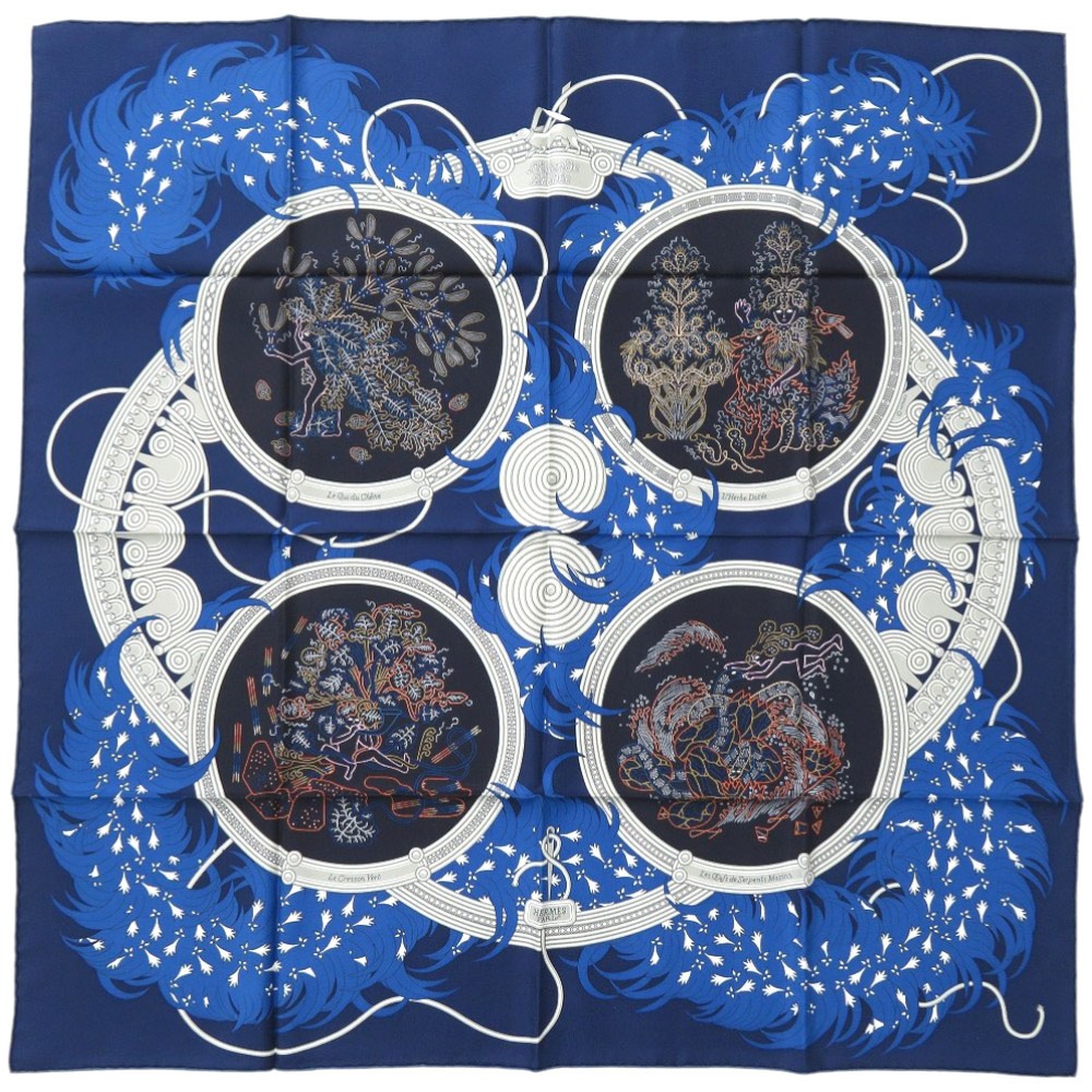 新品同様 カレ90 LEGENDE BRODEE 刺繍が織りなす伝説 スカーフ シルク ブルー 0227【中古】 レディース 28,600円