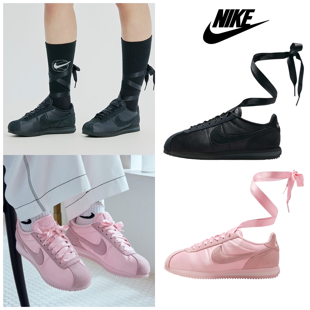 送料無料 NIKE CORTEZ TEXTILE W BLACK FV5420-002 PINK FV5420-600 ナイキ コルテッツ テキスタイル 韓国正規品 リボン サテン シューレース