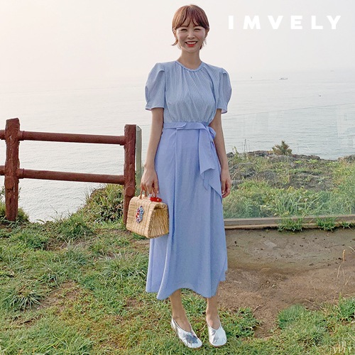 [IMVELY イムブリー公式] ブルーレイヤードレイプワンピース 韓国ファッション