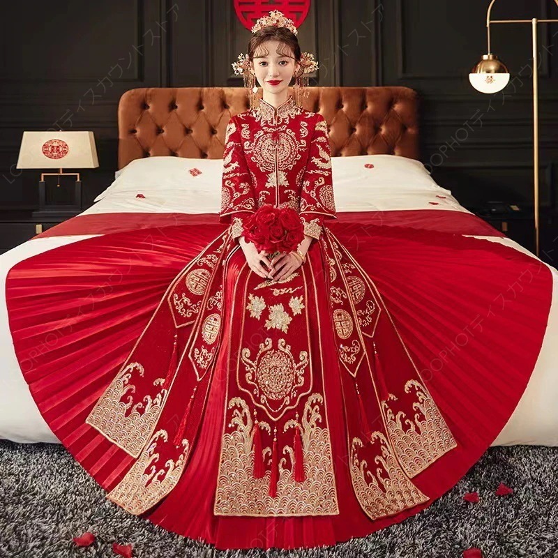 チャイナドレス ロング丈 マキシ丈 中国風結婚式 花嫁 ドレス 七分袖 袖フリル レース チュール切替 中華ドレス チャイナカラー 花 きらきら 金色刺しゅう 中華秀禾服-82