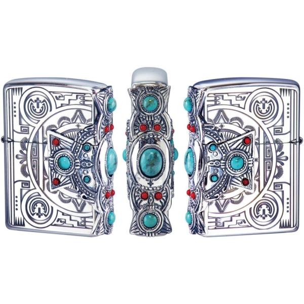 ZIPPO ライター インディアンスピリット クロス 2面加工 天然石 シルバー