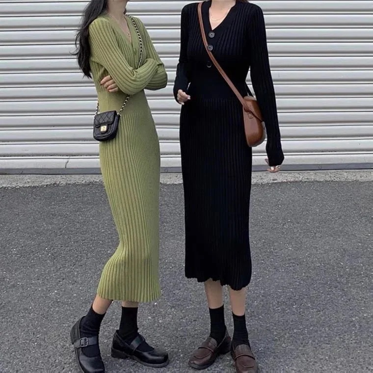 シャツワンピース ニットワンピース ロングワンピース パーティードレス 秋冬 ワンピース ドレス ベーシックニットワンピースワンピース 韓国ファッション気質Vネックニットワンピース可愛い着