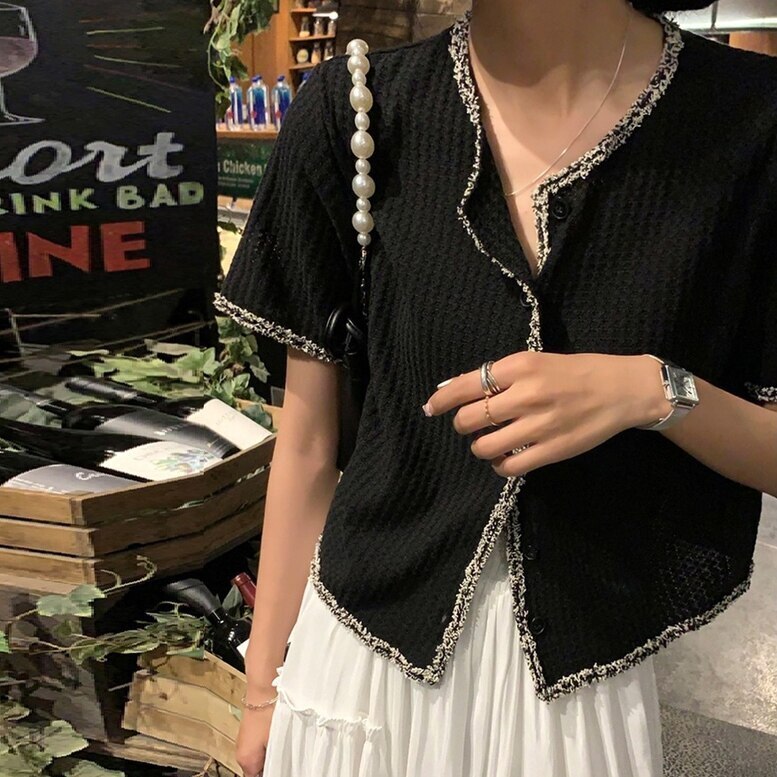 2color ツイードデザイン半袖カーディガン サマーニットカーディガン トップス カットソー シャ