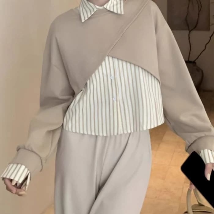 レディース ファッション 韓国風 不規則 ショート丈 トレーナー ストライプ シャツ 2点セット 春秋 長袖 トップス 通学 カジュアル ガーリー 可愛い きれいめ30%までに制限