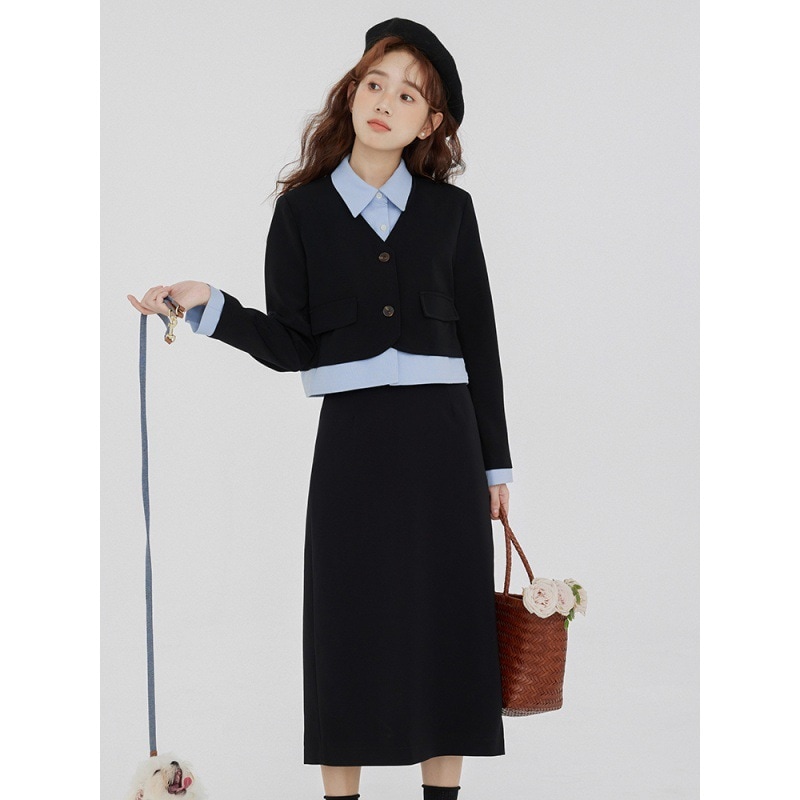 秋冬の新作 カレッジ 簡単な 通勤 バイカラーのブレザー A字スカート やせて見 スカート 2枚セットのスカート