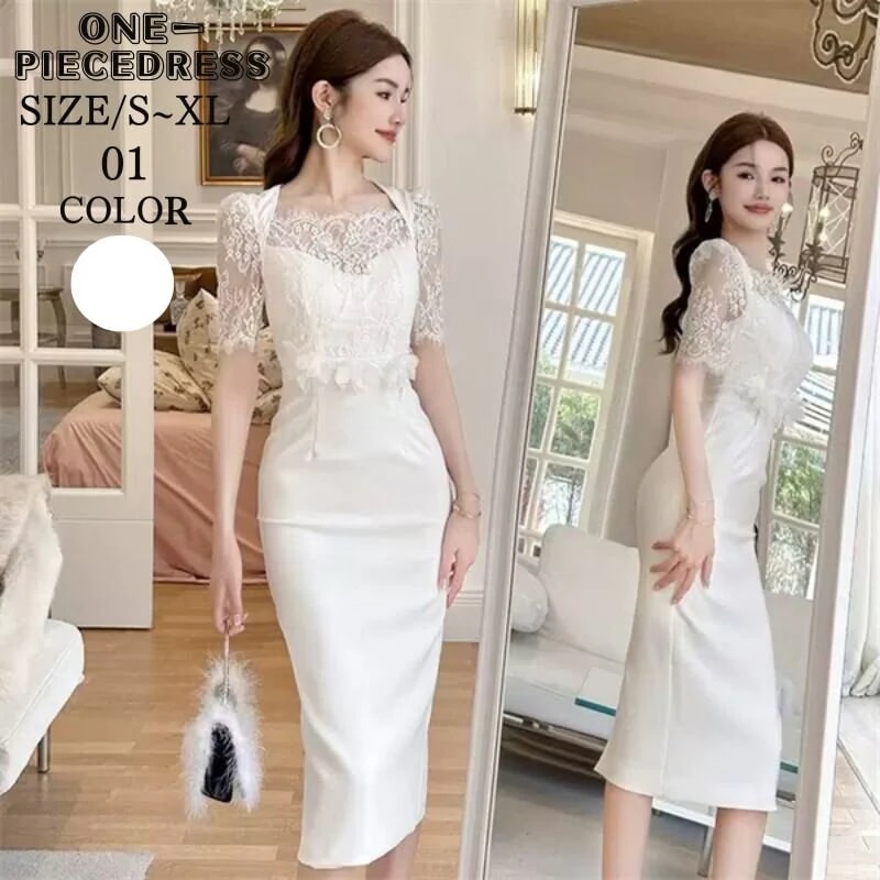 ワンピスドレス　タイトワンピース　パーティードレス　総レース　ナイトドレス　ロング丈　半袖　ハイウエスト　姫系　セクシー上品 大人 きれいめ キャバ嬢　お水　結婚式 20代 30代 40代 ホワイト