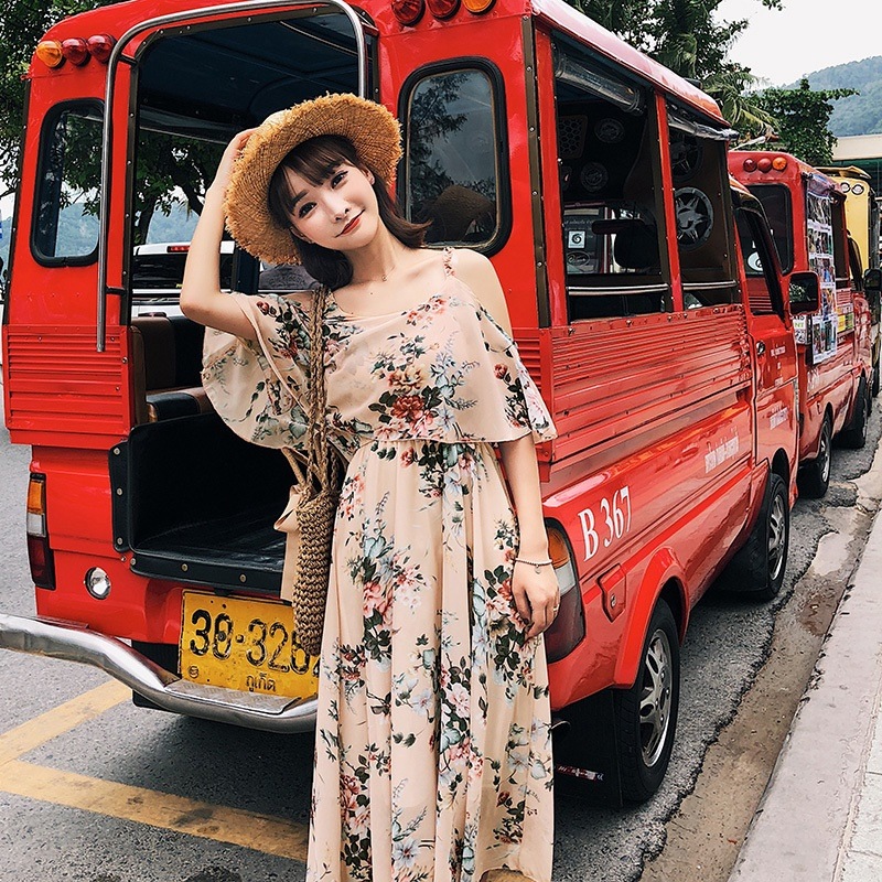 1513. 花柄シフォンオフショルダーワンピース（ピンク）2019 春夏 sale ビーチ 海 女子会 お呼ばれ ランチ 通学