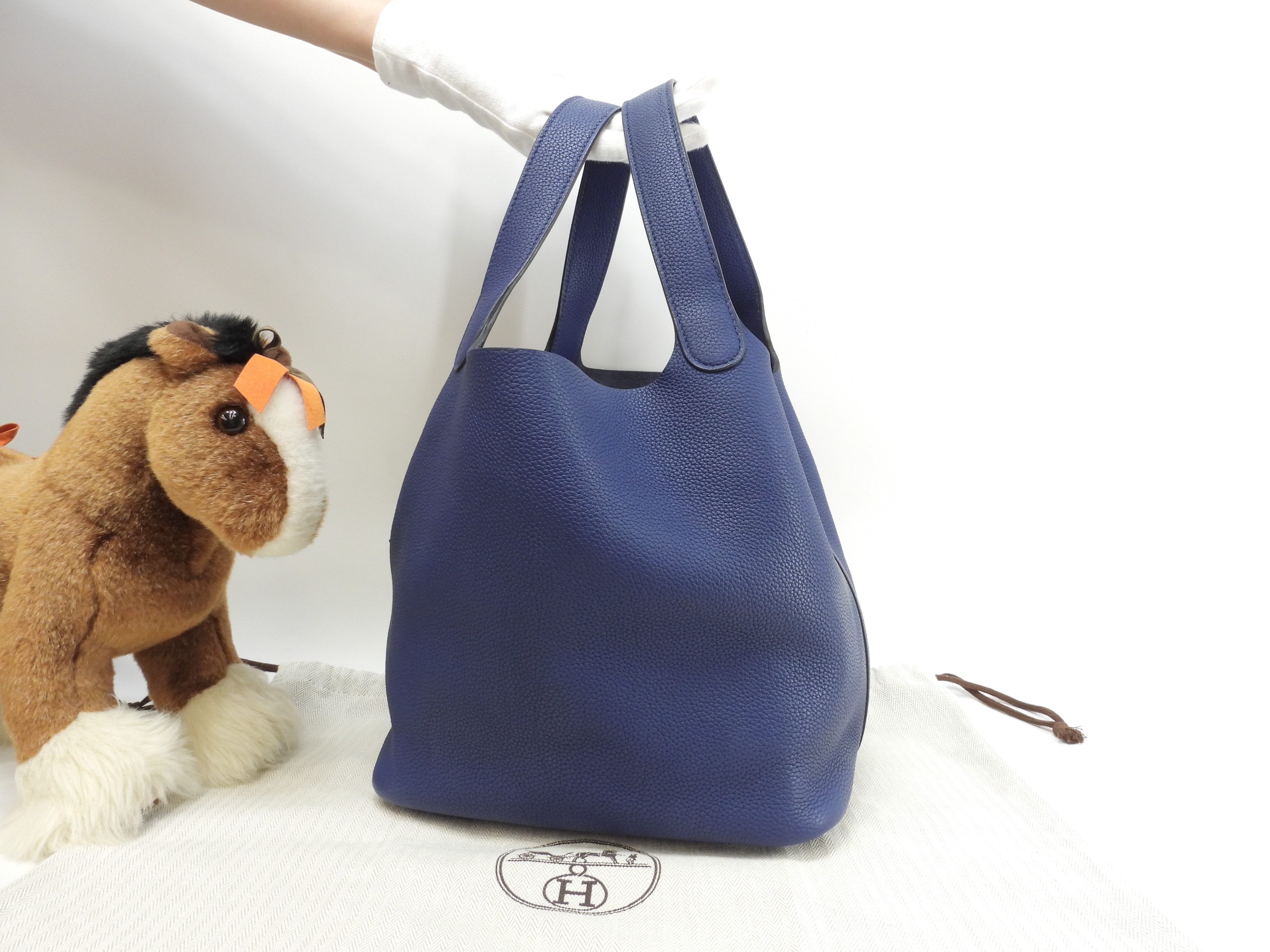 ピコタンロックMM トリヨンモーリス ディープブルー ハンドバッグ ゴールド金具 美品@D