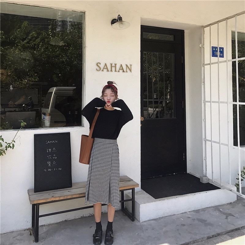 3030.チェック柄膝丈タイトスカート（ブラック）