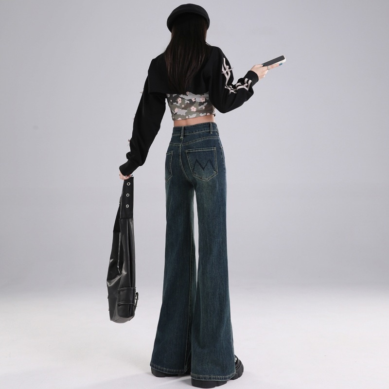 レディース ややフレアなジーンズ（脚にフィットしない） - 秋冬 - フリース裏地厚手レトロハイウエストスリム小柄な体型に似合うストレートレッグパンツ