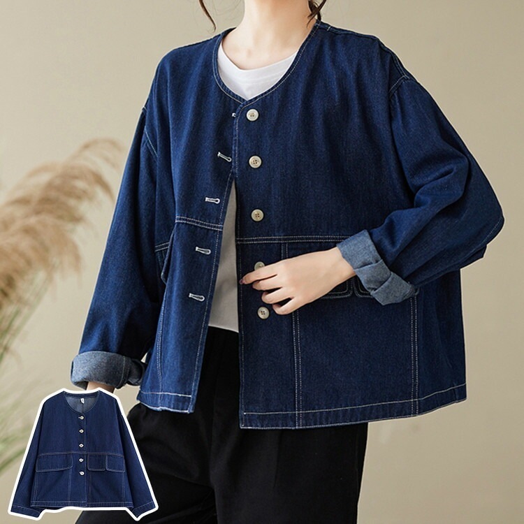 デニムジャケット ジャケット アウター コート レディース ゆったり トップス 長袖 秋服 秋 ノーカラー おしゃれ デニム ポケット付き オシャレ きれいめ 女子 女性 レディースファッション