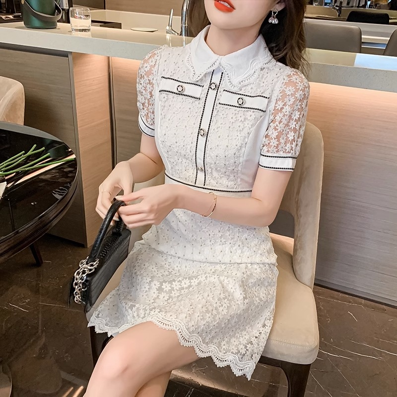 ワンピース レディース フレア 総レース S M L XL 韓国 バイピング バイカラー 透け感 ミディアム丈 膝下丈 ミモレ丈 半袖 パフスリーブ 前開き ボタン 襟付き 襟あり 清楚 かわいい