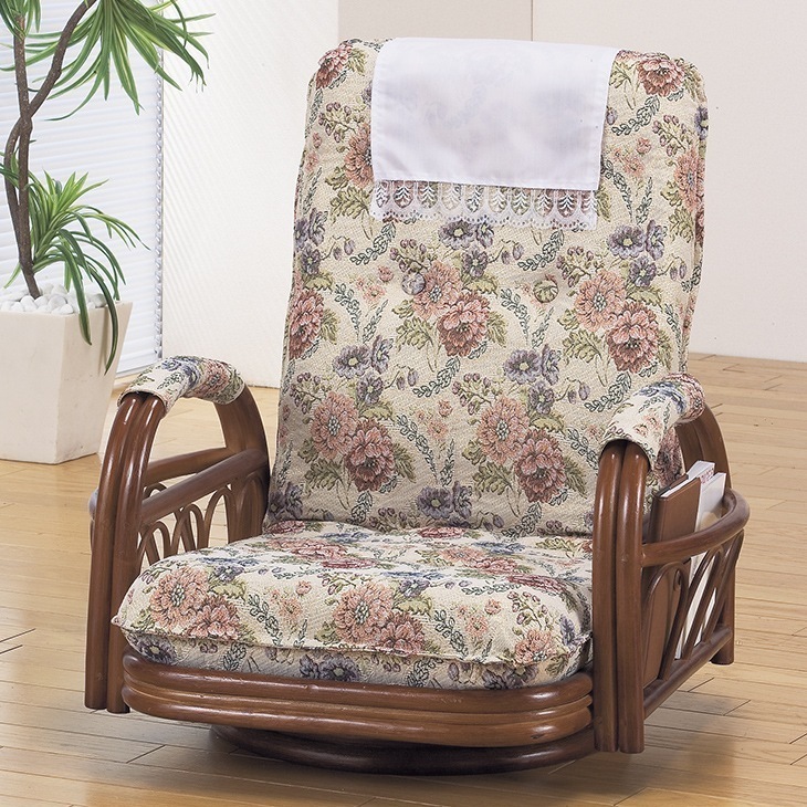 天然籐 リクライニング 回転座椅子 ロータイプ RZ-921 ラタン 肘付き 一人掛け チェア 椅子 座椅子 360度回転 サイドポケット付き