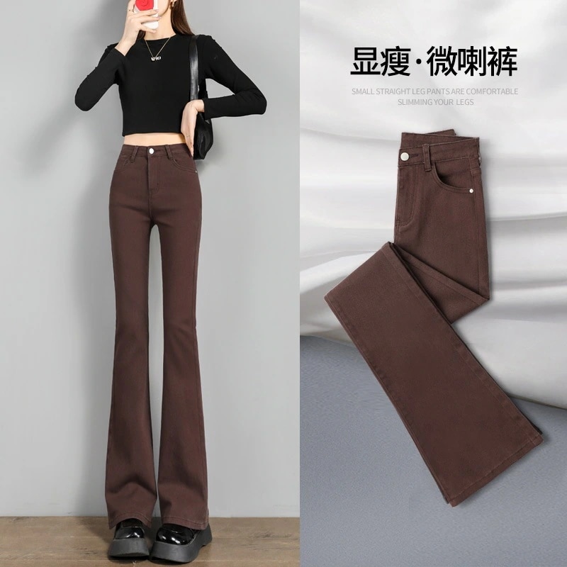ブラウンマイクロフレアジーンズ女性薄い春秋冬秋新作ハイウエストlワイドレッグカレーフレアパンツ子供