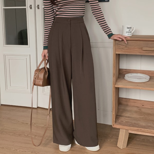 韓国ファッション ハイウエスト ピンタック 後ろバンディング ワイド スラックスパンツ