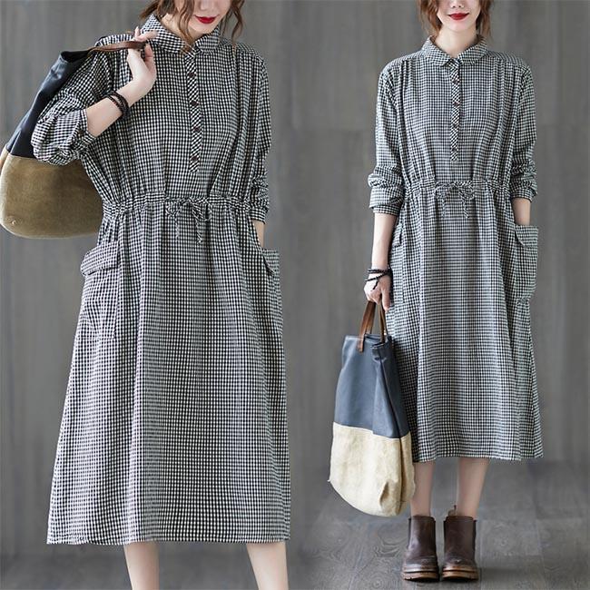 春 夏 ロングワンピ 長袖 チェック柄 シャツワンピース レディース 長袖ワンピース ゆったり ワンピース ウエスト調節可 チェック柄ワンピース 通勤