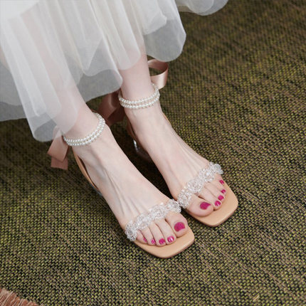 サンダル ミュール ヒールサンダル ミュールサンダル ヒール ハイヒール 4cmヒール 太ヒール ミドルヒール クリアヒール スクエアトゥ リボン パール ビジュー キラキラ 美脚 脚長