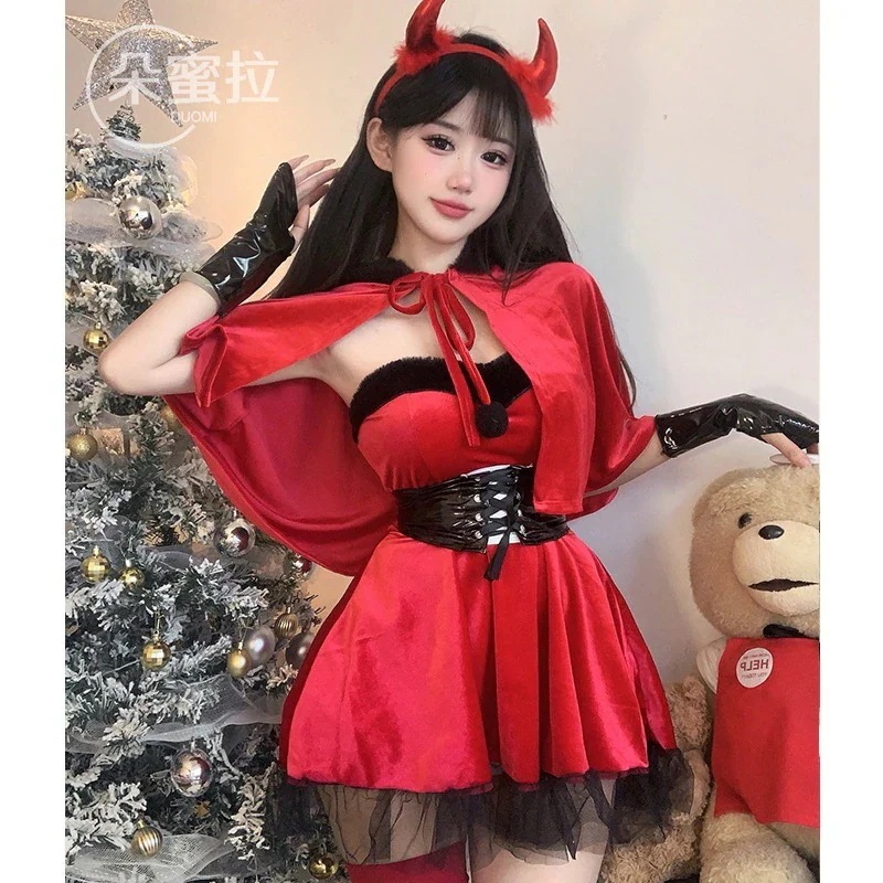 クリスマス小悪魔cosplayユニホーム着ステージベルベットのワンピースクリスマス衣装レディー気質ファッションクリスマスパーティー