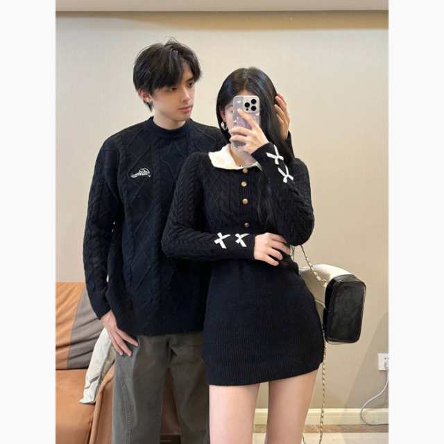 【 2025】トップス メンズ レディース セーター ニット ペアルック リンクコーデ お揃い 長袖 ブラック ニットワンピース ニットワンピ 秋冬 クリスマス 誕生日 プレゼント お友達 おしゃれ