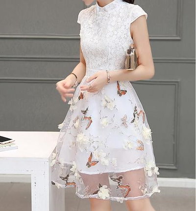 ホワイト花柄レースドレス 半袖 Qoo10] 1327．花柄レース半袖ドレス（ホワイト : レディース服