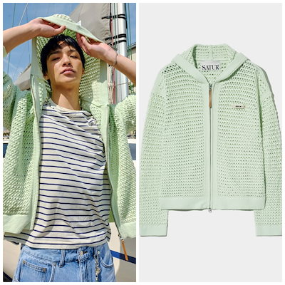 ◆SATUR◆ Weekend Summer Knit Hooded Zip-Up Green Mint SA242 SATUR】Weekend Summer Knit Hood Zip-Up☆追跡送料込 (SATUR