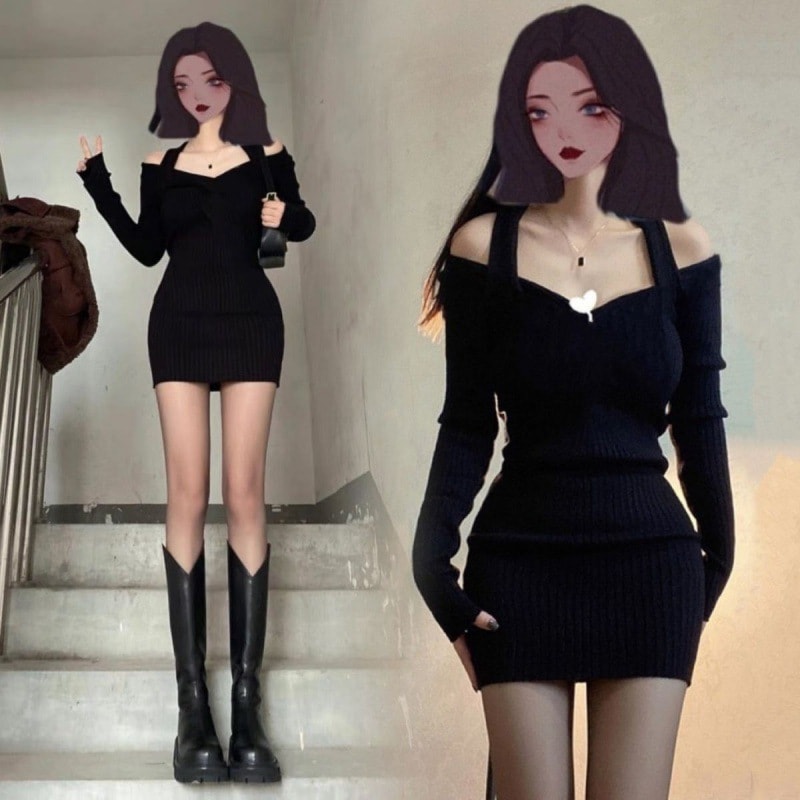 【1つ買うと10つ無料】ニットヒップスカートの女性姉妹気質オフショルダードレス