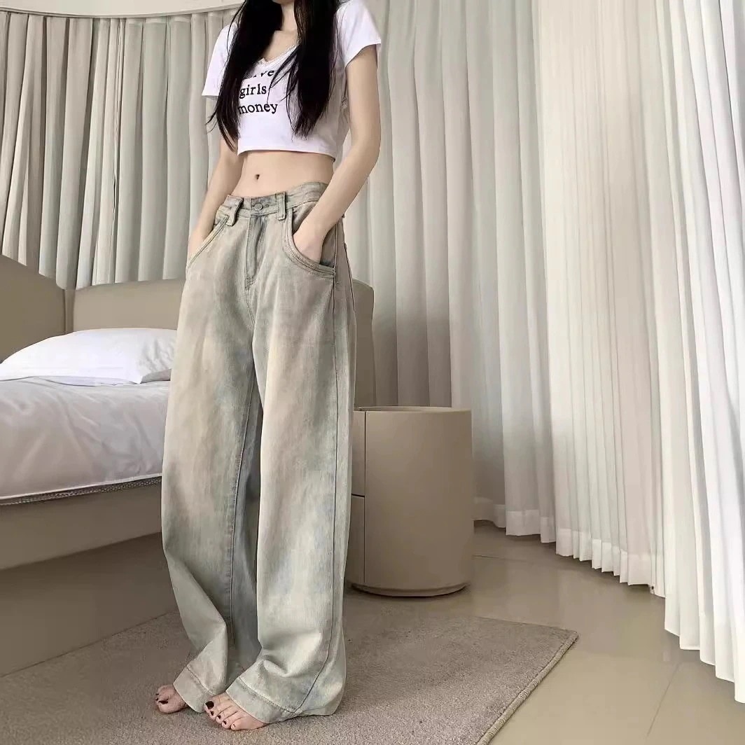 【ruida】 テンセルジーンズ 女性用 アメリカンスタイル スモールルーズストレートパンツ フロアモップワイドレッグパンツ