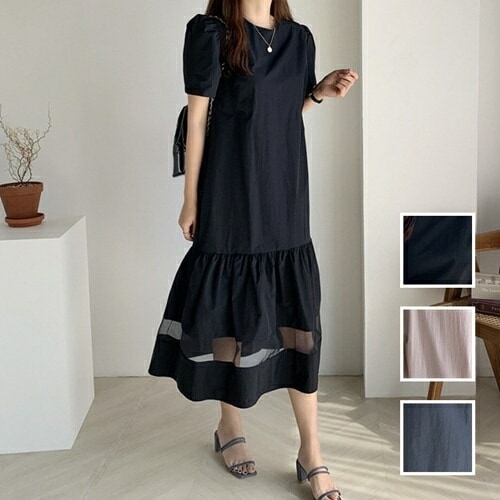 ワンピース カジュアル ロング マキシ丈ワンピ 韓国 ファッション レディース 春 夏 カジュアル コーデ シンプル 定番 セレカジ 20代 30代 40代 2025 シースルー パフスリーブ