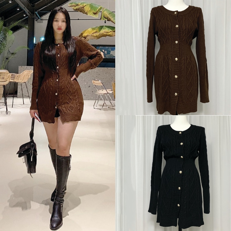 808[韓国 人気 女性 ファッション] [2カラー] 女性らしい ケーブル セーター 金装 ボタン ニット カーディガン ワンピース