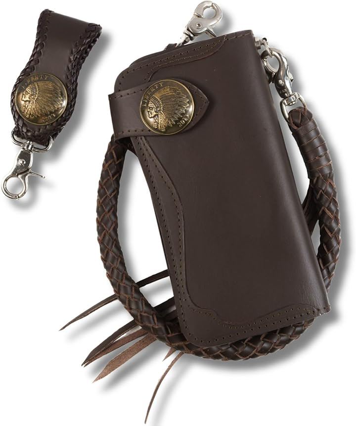 バイカーズウォレット 長財布 ウォレットチェーン ドロップハンドル ベルトループ セット ライダースウォレット レザーウォレット 二つ折り メンズ (ダークブラウンxゴールドインディアン)