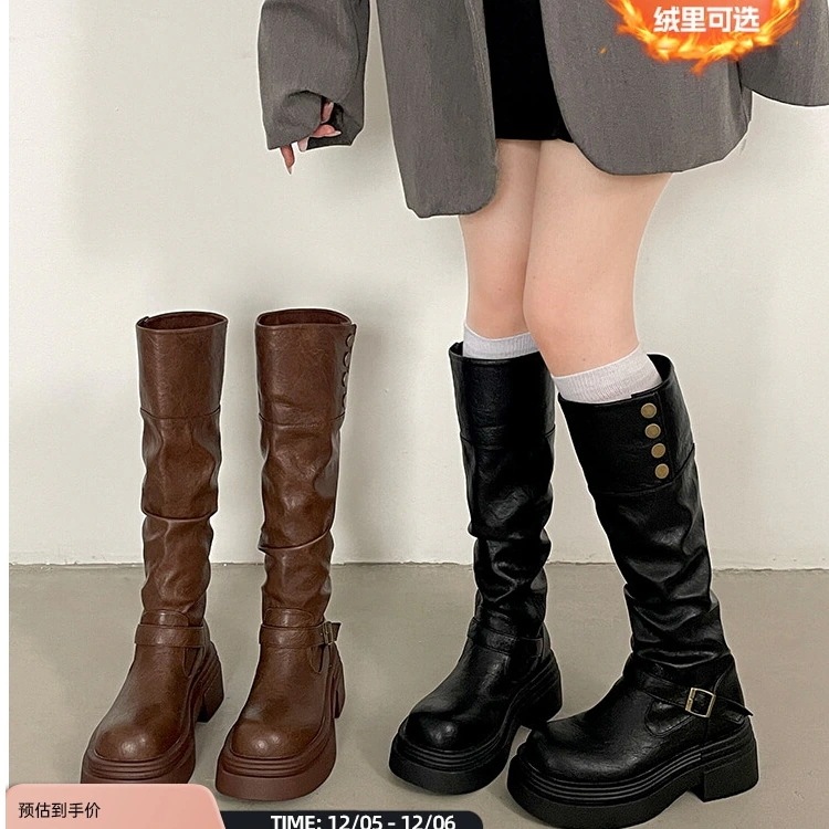 秋冬 防寒あったか 暖かい裹起毛 6cm ヒール ベルト ロングブーツかわいい韓国靴 美脚脚長色っぽ 女っぽローヒールカジュアルフェイクきれいめ大人っぽ上品ウエスタンブーツエコゆったりフェミニン