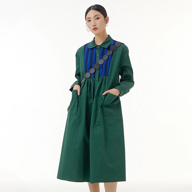 長袖ブラウスロング丈シャツワンピース韓国ファッションレディース秋服着痩せ効果褪せない