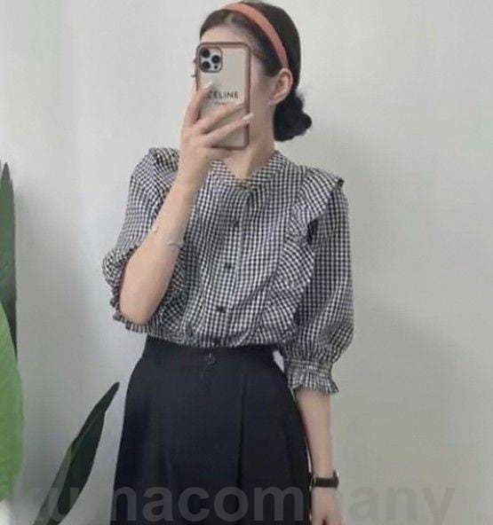 ギンガムチェック フリル シャツ ブラウス レディース トップス 半袖 春 夏 パフスリーブ 五分袖 大きいサイズ 韓国 ファッション レトロ バンドカラー スタンドカラー 大人可愛い km