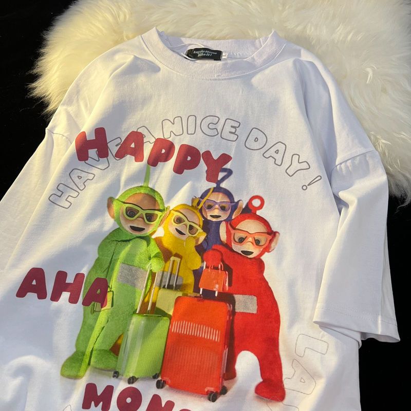 【10点セット】アメリカンレトロテレタビーズ漫画アニメーションプリントカップルウェア学生トップスルーズインピュアコットン半袖 T シャツ329