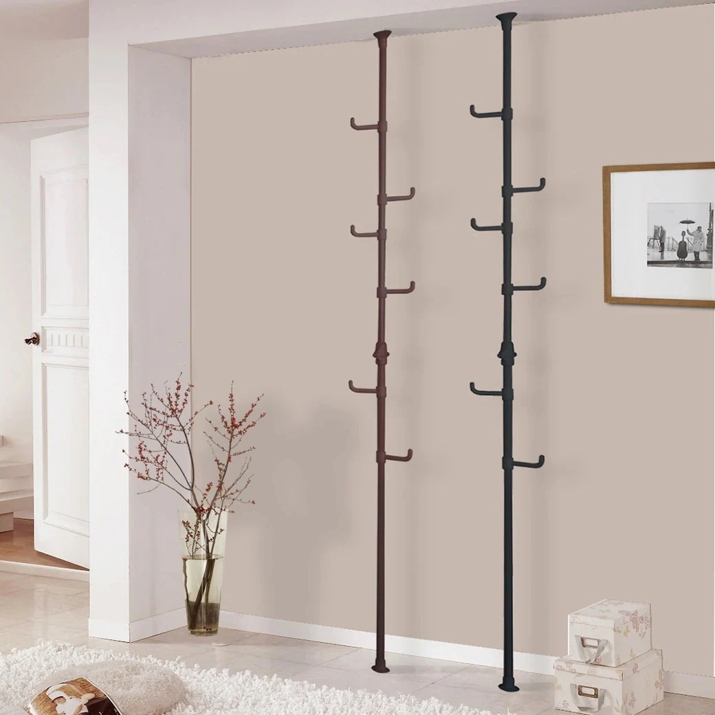 【急速出荷!】簡単ワンタッチ式突っ張りポールハンガー スリムタイプ 総耐荷重24kg 高さ170-253cm 360度シングルフック6個 突っ張り棒 縦 コートハンガー 玄関収納 H-1002N 正規