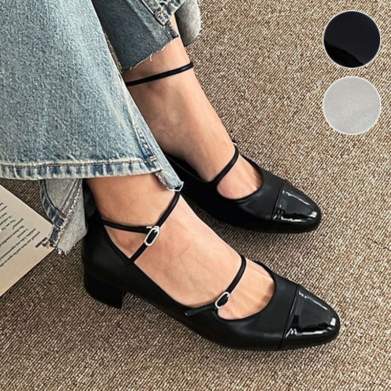 2color 安定感のあるアンクルストラップ付き 細ストラップ 異素材ミックス．コンビ素材 配色．バイカラー ラウンドトゥ 3.5cmヒール．ローヒール デイリー パンプス