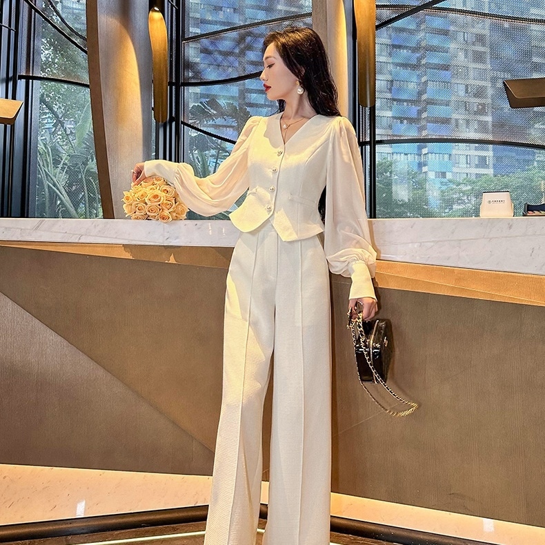 2点セット セットアップ 上下セット スーツ パンツスーツ ジャケット ショート丈 長袖 シースルー Vネック 前開き ボタン ポケット ストレートパンツ ロング丈 かわいい 大人可愛い きれいめ