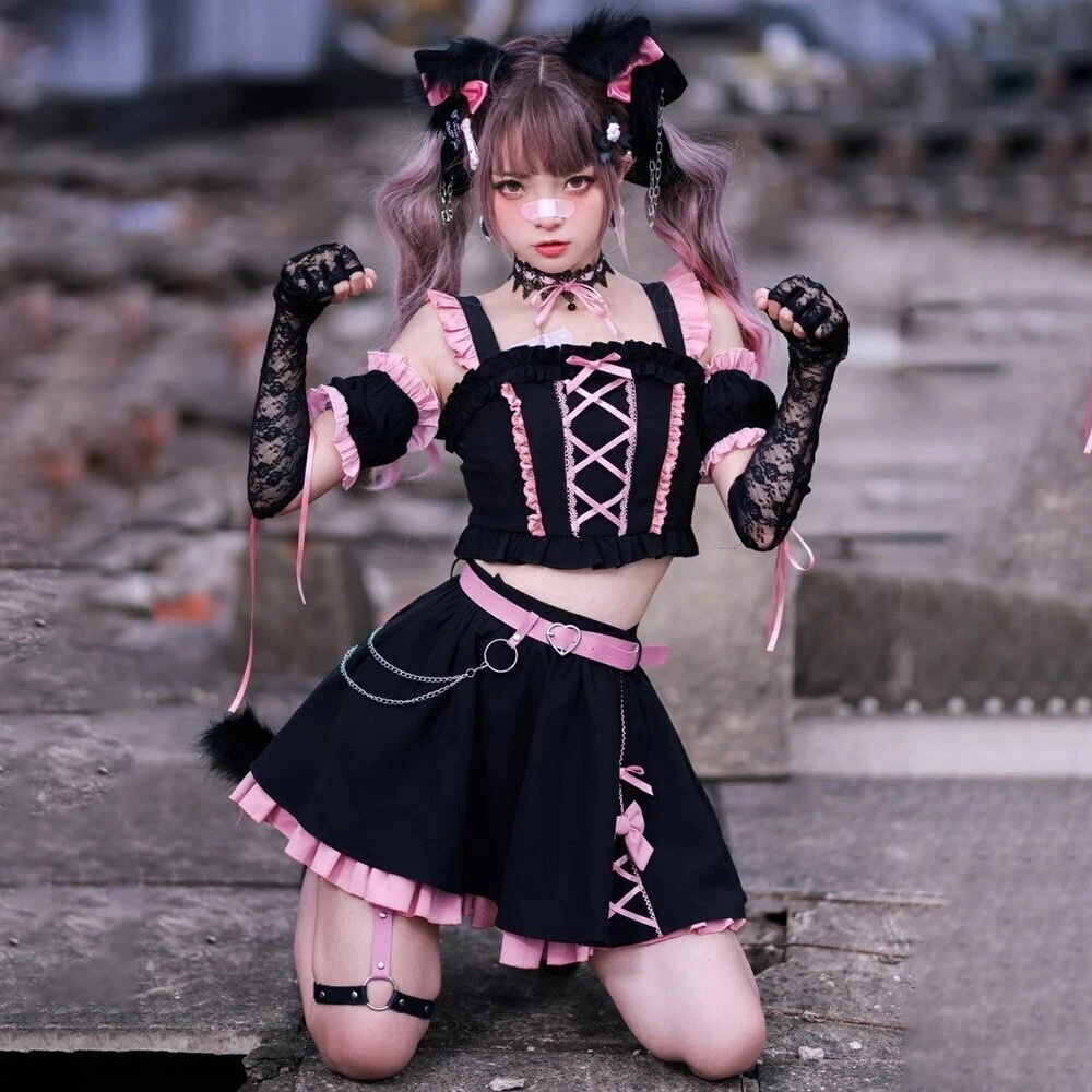 1つ買うと10個ショートスカートスーツセクシーキュートレトロサスペンダートップ+スカートサマースーツ原宿スタイルJKセクシーな猫耳