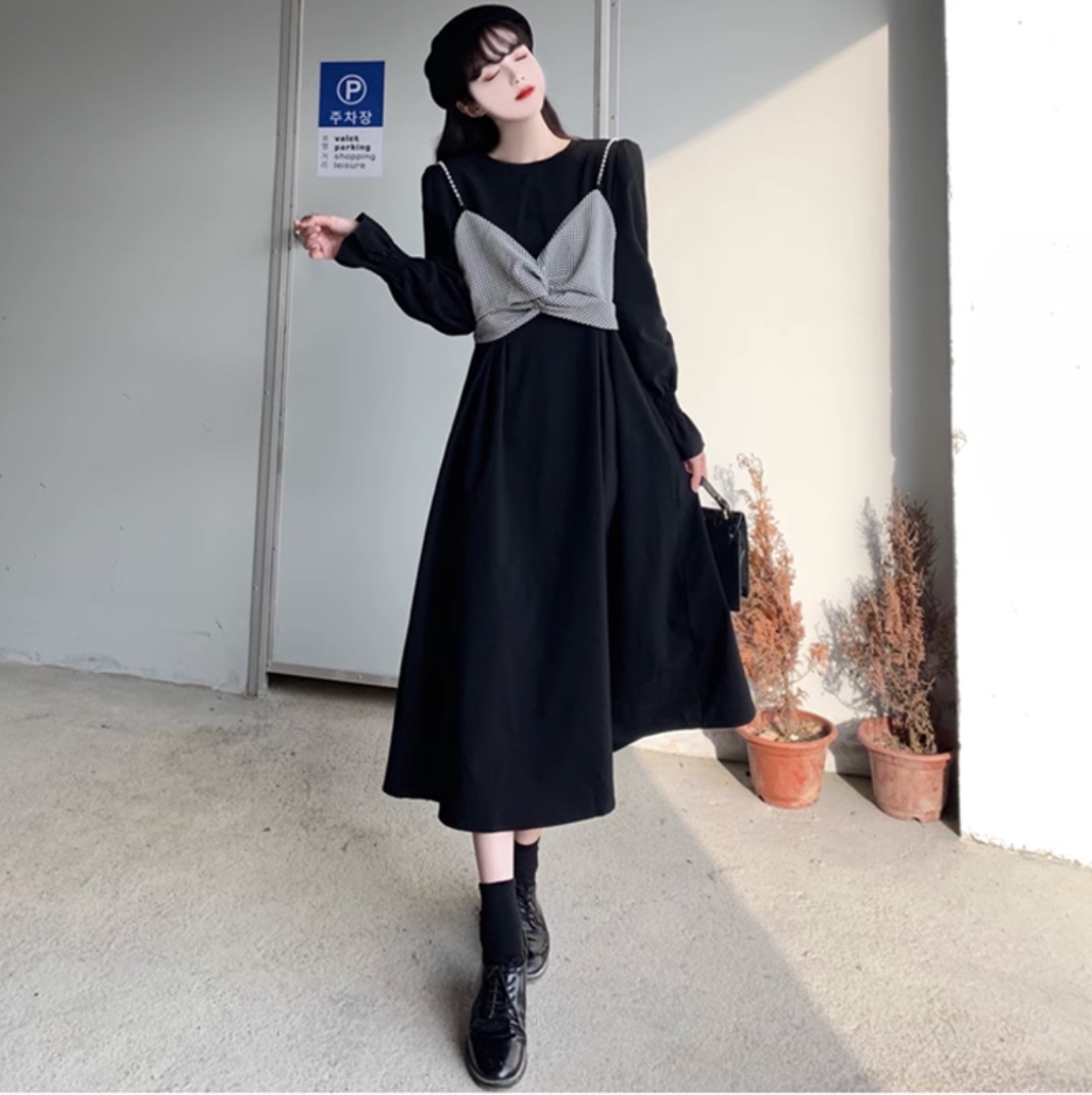 ワンピース ツーピース 2点セット ビスチェ ミモレ 長袖 ラウンドネック Aライン フェミニン ハイウエスト かわいい 大人可愛い きれいめ シンプル カジュアル 上品 おしゃれ レトロ ラフ