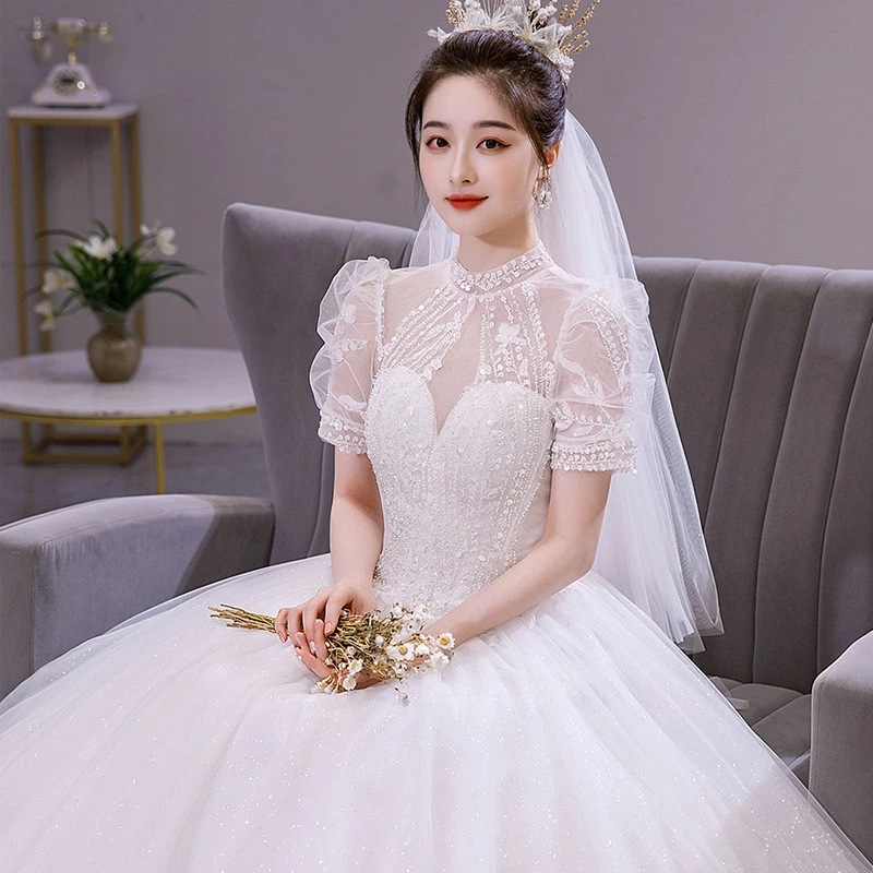 ウェディングドレス 白 パフスリーブ ハイネック ビーズ スパンコール 可愛い 結婚式ドレス 二次会ドレス キレイめ 花嫁ドレス ホワイトドレス ウェディング ロングドレス ブライダルドレス チュール
