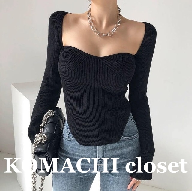 デザインサイドスリット長袖ニットソー サイドスリットニットソー 長袖ニットソー スリムニットソー ニットシャツ 白 ホワイト 黒 ブラック 韓国 オルチャン レディース 高見えニットソー