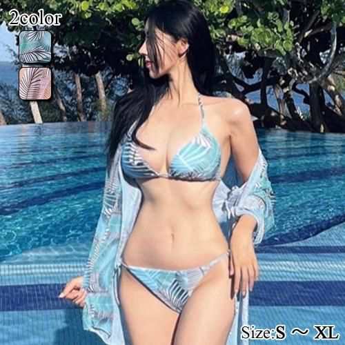 水着 レディース ビーチウェア スイムウェア 流行 海 プール 七分袖 ビキニ ガウン ボタニカル ビキニ リゾート 大人 ブルー レッド S M L XL ビキニ